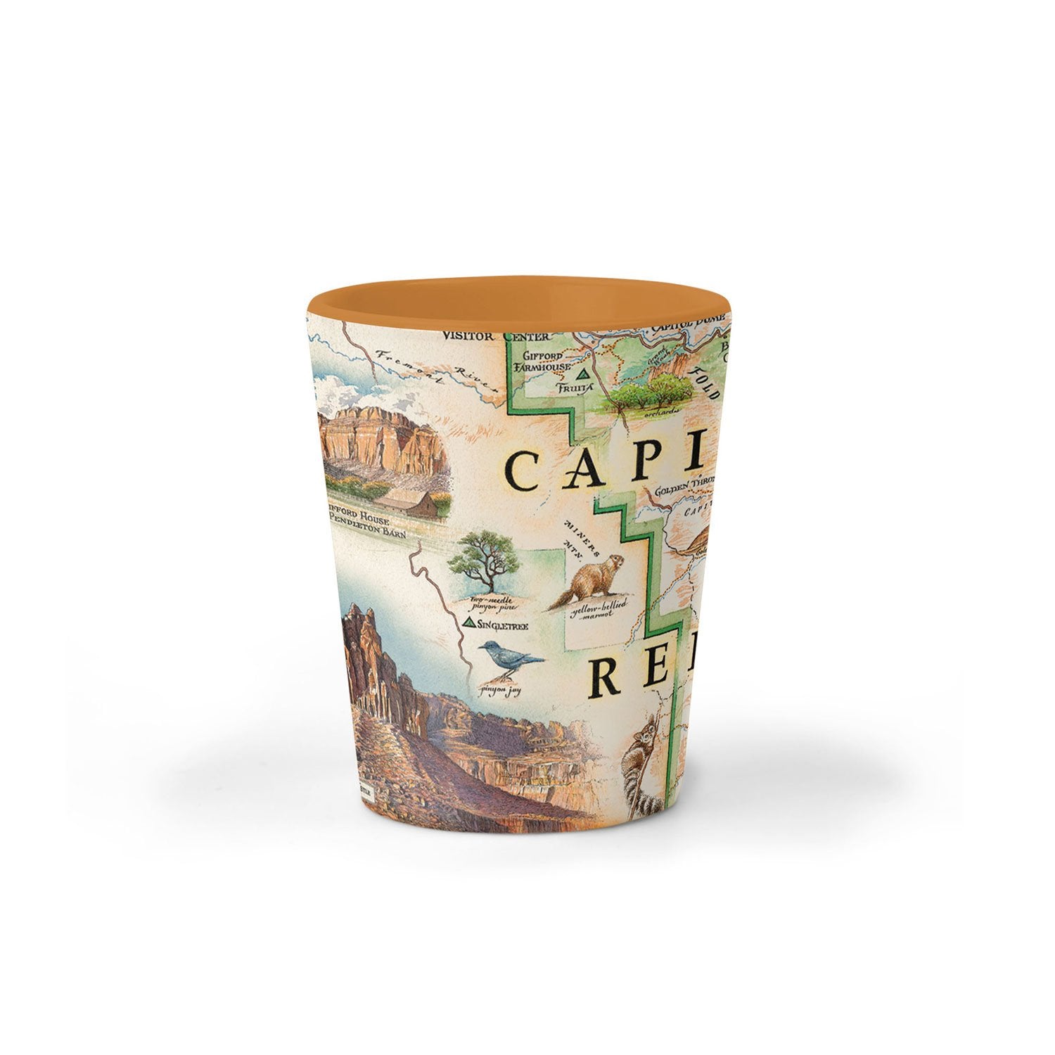 Utah's Capitol Reef National Park Map ceramic shot glass in earth tones. Featuring Claret Cup Cactus, Narrowleaf Yucca, Prince's Plume, and the Two-Needle Pinyon Pine. Detailed depictions of landmarks and geographic wonders like the Lower Muley Twist Canyon, Capitol Gorge, and Hickman Natural Bridge. 