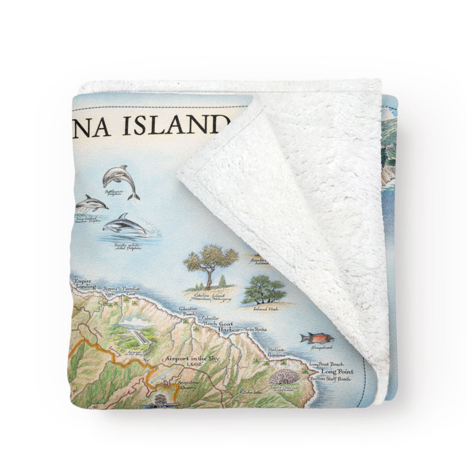 Colorful, folded blanket with map of Santa Catalina Island.