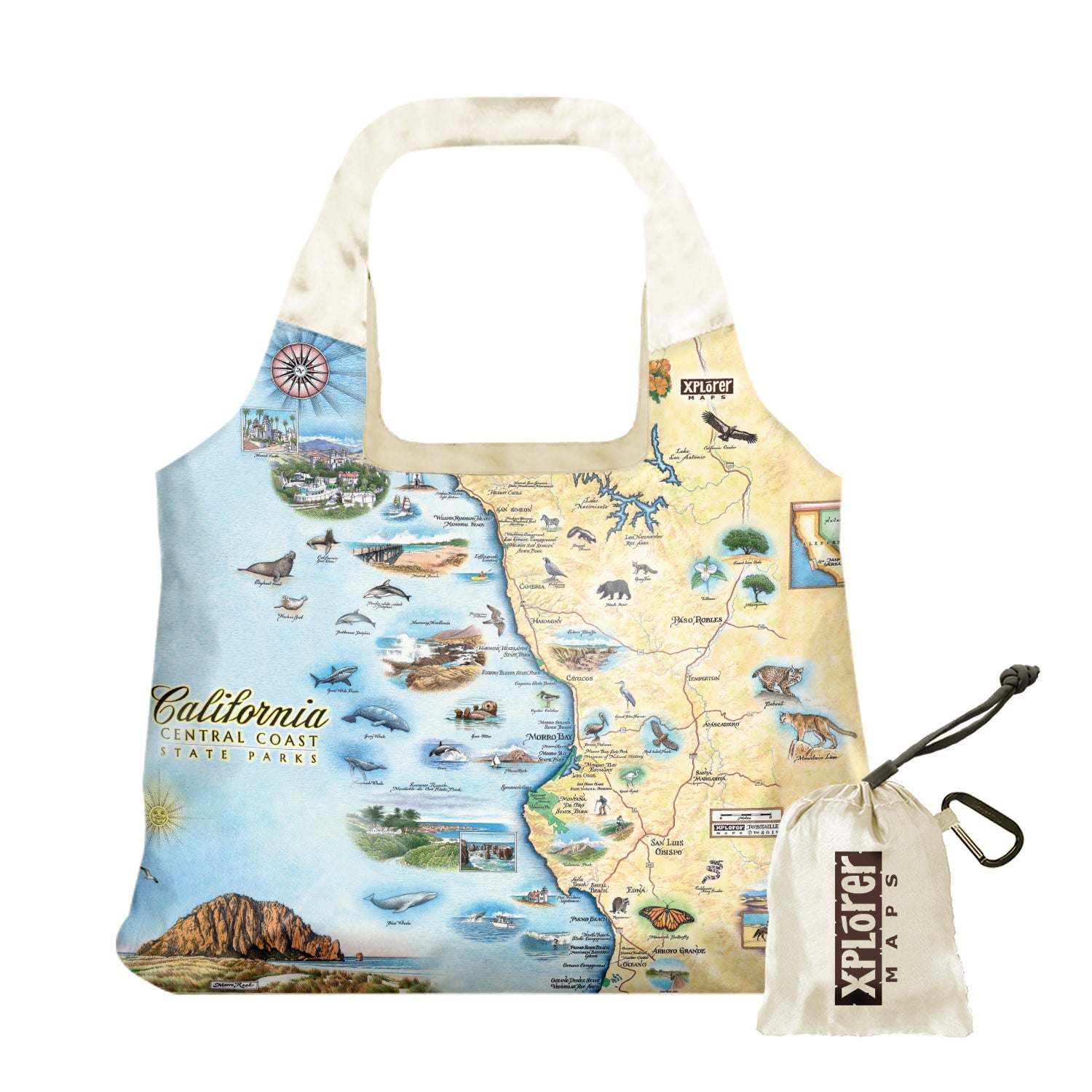 California Central Coast State Parks Map Pouch Tote Bag in earth tones. Featuring wildlife viewing is abundant with sea life, birding, and terrestrial creatures. Cultural history is rich in the area with the fame of Hearst Castle, Ranchers of Montana De Oro, Dunites of Oceano Dunes, and Native people that have lived on this land for thousands of years from San Francisco to Los Angeles.