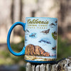 California's Central Coast State Parks coffee cup sitting on a tree stump. The blue mug features seal, whale, Sea otters, dolphins, mountains and more! 