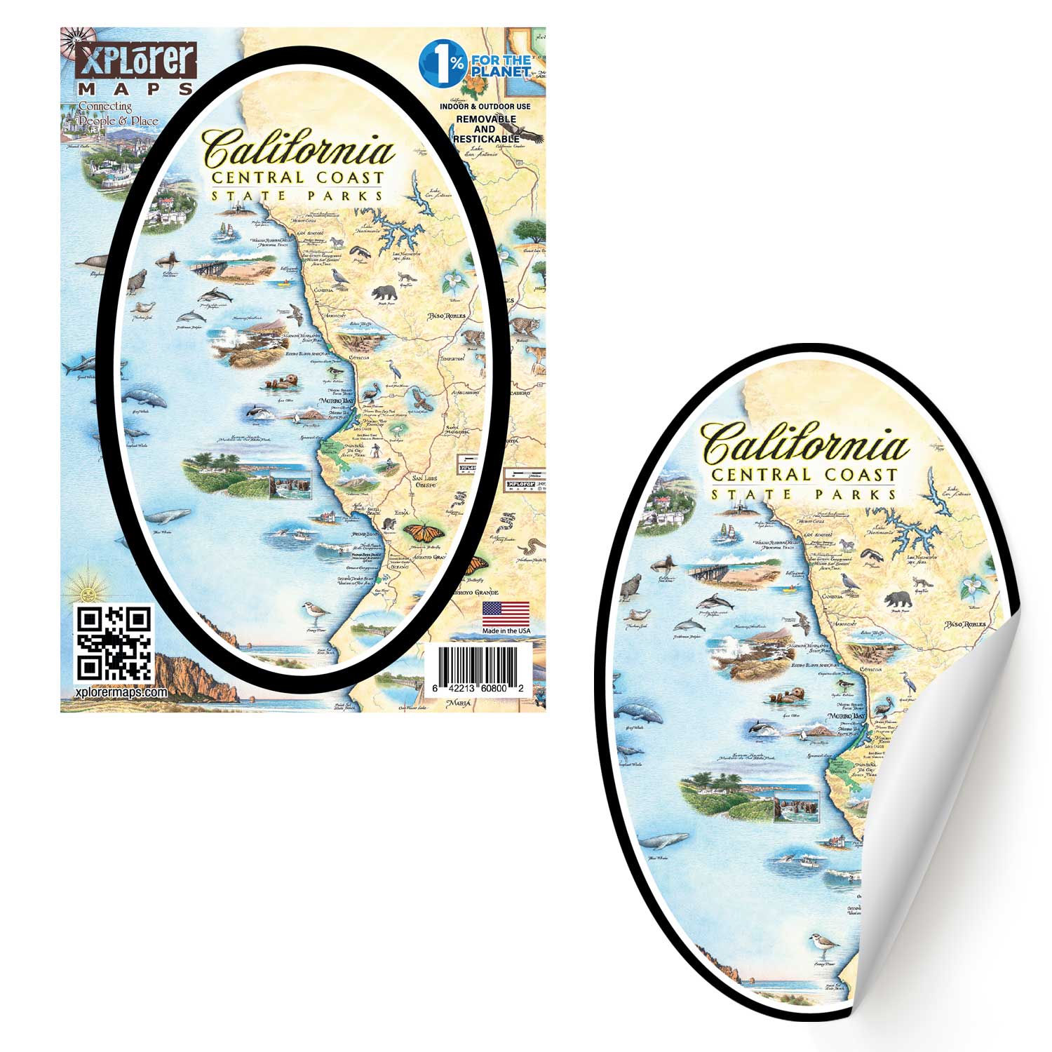 California Central Coast State Parks Map sticker in earth tones. Featuring wildlife viewing is abundant with sea life, birding, and terrestrial creatures. Cultural history is rich in the area with the fame of Hearst Castle, Ranchers of Montana De Oro, Dunites of Oceano Dunes, and Native people that have lived on this land for thousands of years from San Francisco to Los Angeles.