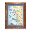 California Central Coast State Hand-Drawn Mapin a Montana hand-scraped pine wood frame with blue mat.