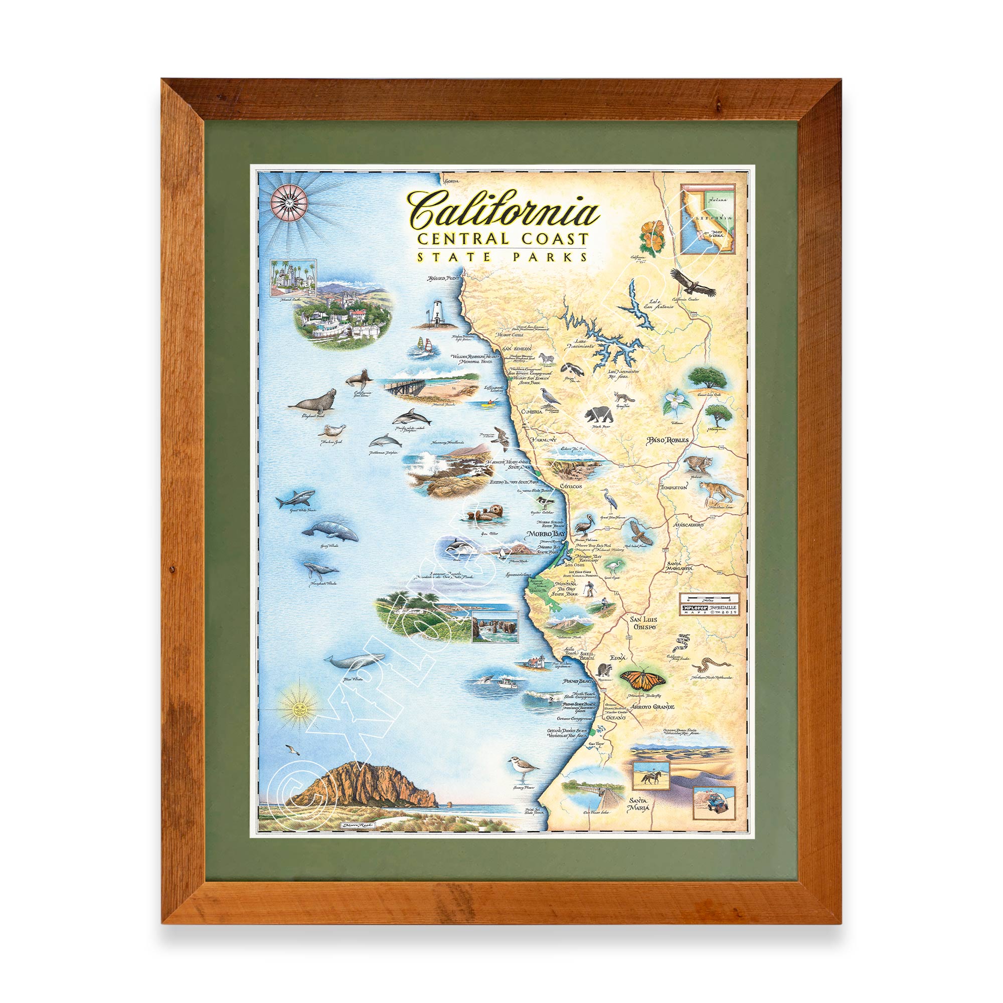 California Central Coast State Hand-Drawn Map in a Montana Flathead Lake reclaimed larch wood frame and green mat. 