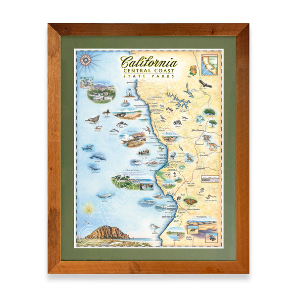 California Central Coast State Hand-Drawn Map in a Montana Flathead Lake reclaimed larch wood frame and green mat. 