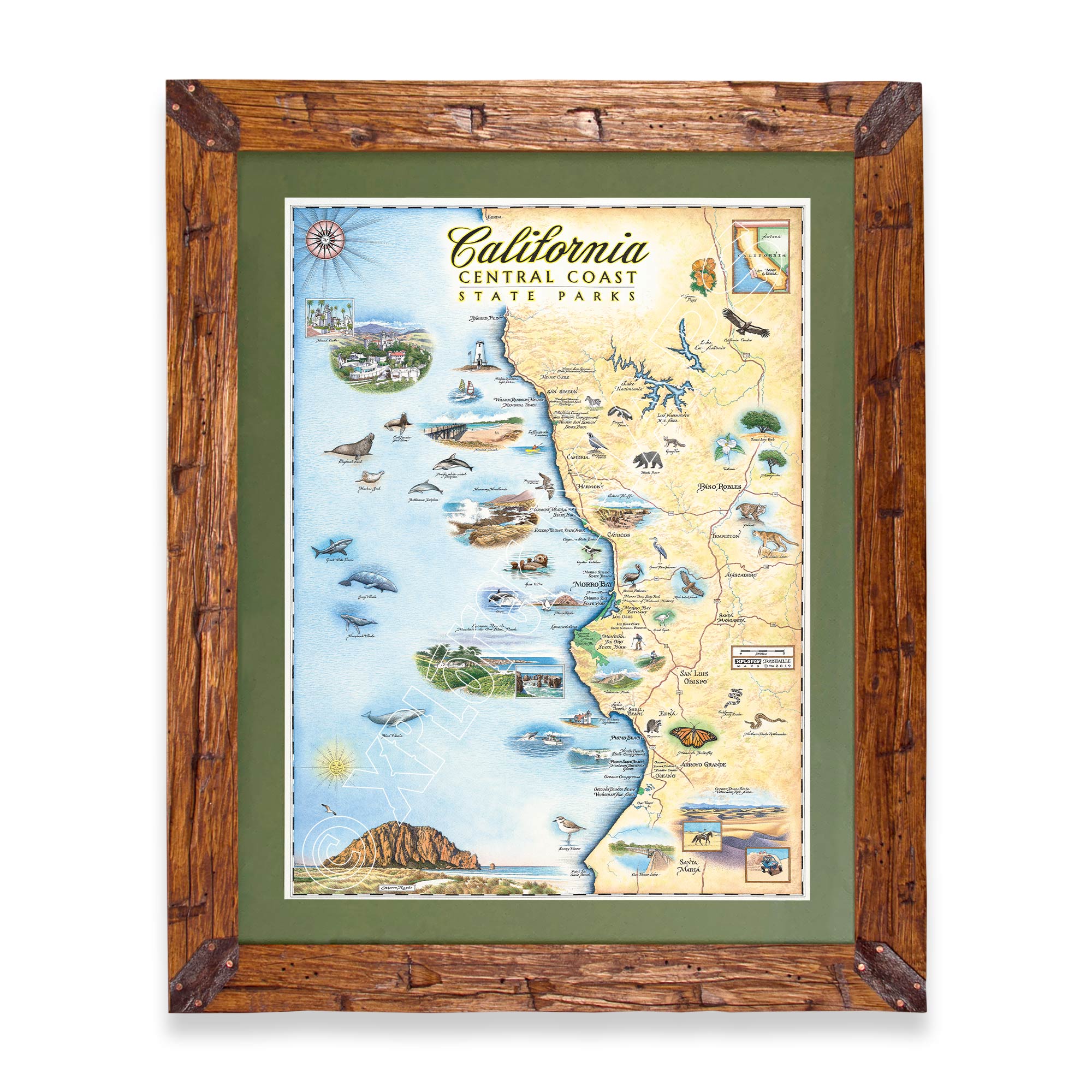 California Central Coast State Hand-Drawn Map in a Montana hand-scraped pine wood frame with green mat.