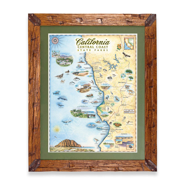 California Central Coast State Hand-Drawn Map in a Montana hand-scraped pine wood frame with green mat.