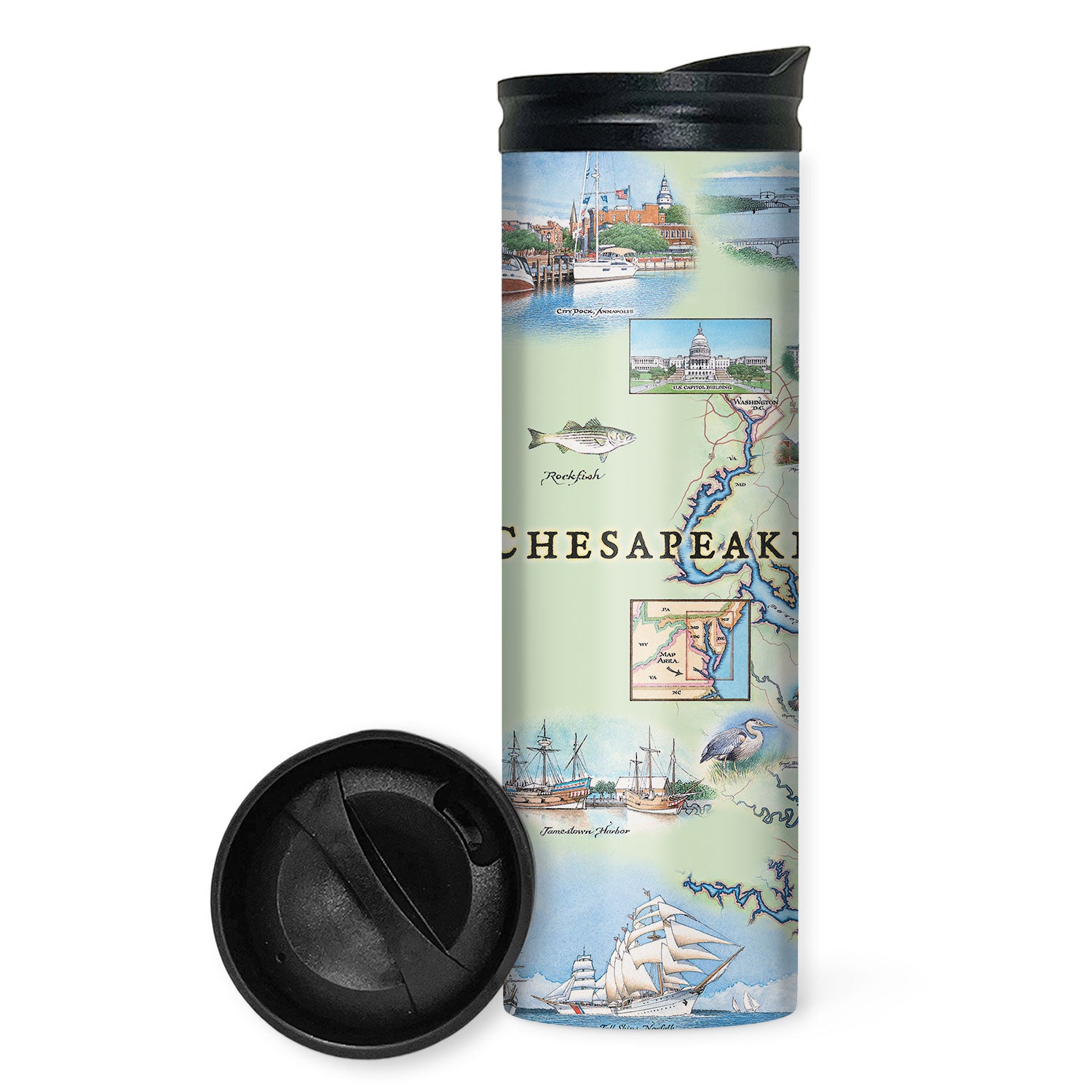 Chesapeake Bay Map travel drinkware by Xplorer Maps featuring illustrations of boat craft and marine life. Places on the map include Baltimore, Annapolis, Cambridge, Yorktown, and the Chesapeake Bay Bridge.