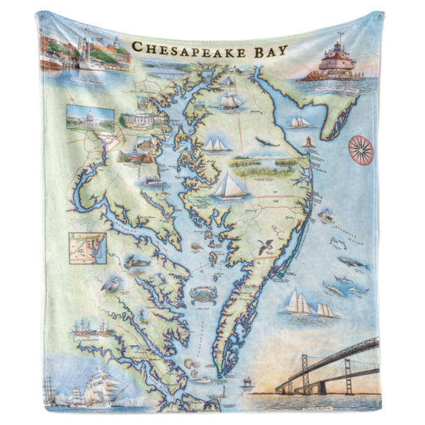 Hanging fleece blanket with the Chesapeake Bay hand-drawn map. Measures 58"x50."