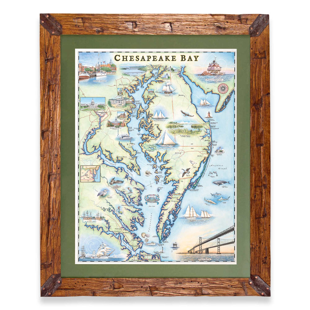 Chesapeake Bay hand-drawn map in a Montana hand-scraped pine wood frame with green mat.