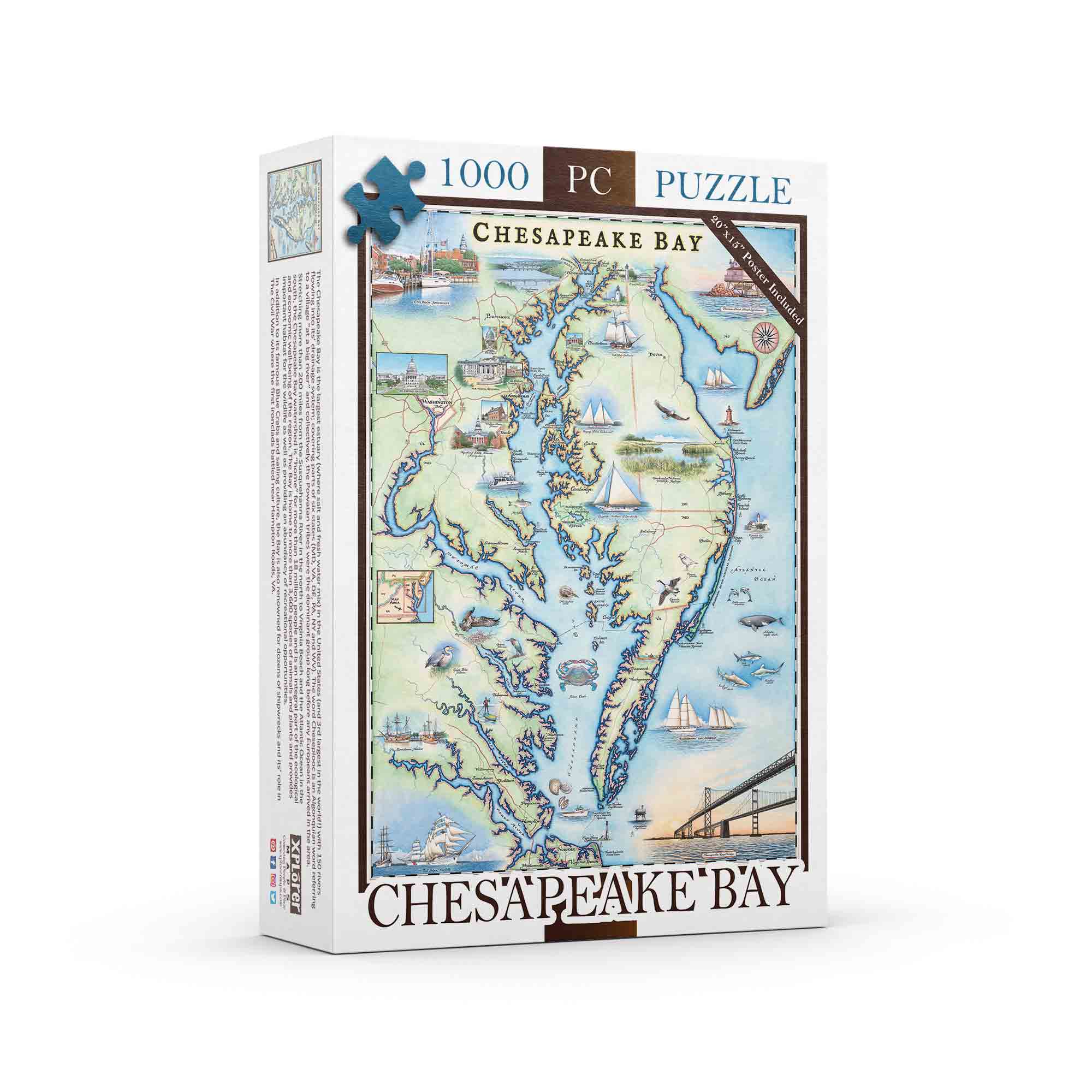 Chesapeake Bay Map 1000 Piece Cardboard Jigsaw Puzzle. Featuring illustrations of boat craft and marine life. Places on the map include Baltimore, Annapolis, Cambridge, Yorktown, and the Chesapeake Bay Bridge. 