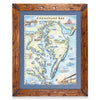 Chesapeake Bay hand-drawn map in a Montana hand-scraped pine wood frame with blue mat.