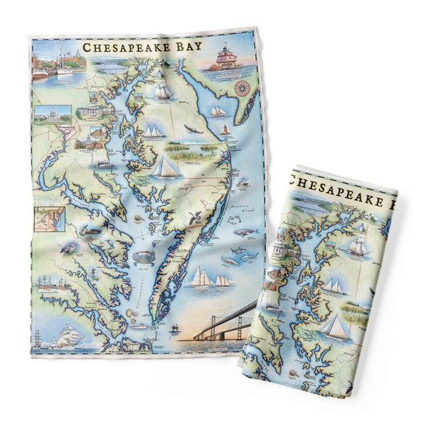 Chesapeake Bay Map Kitchen Dishwashing Towel in earth tones of blue and green. Featuring illustrations of boat craft and marine life. Places on the map include Baltimore, Annapolis, Cambridge, Yorktown, and the Chesapeake Bay Bridge.