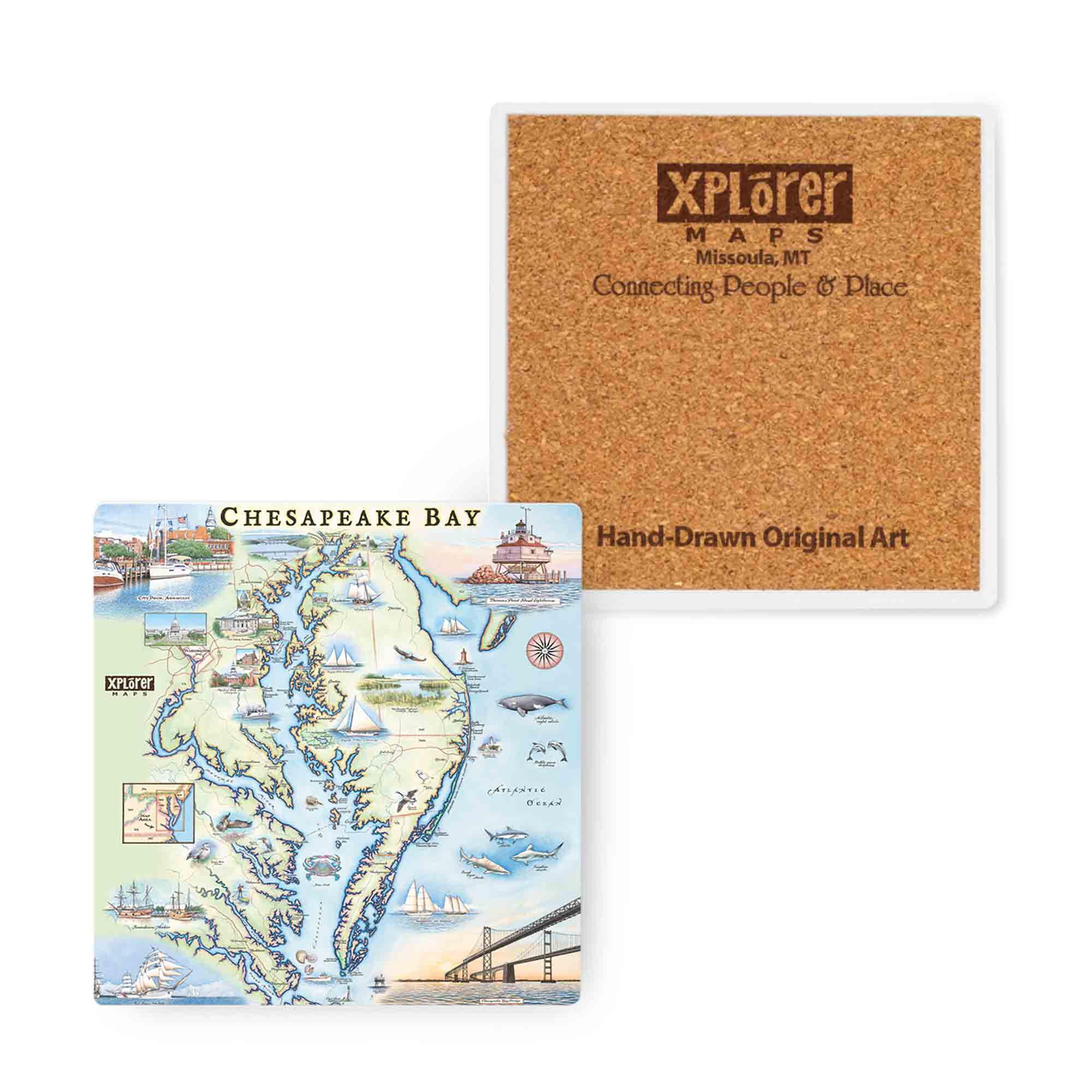 Chesapeake Bay Map Ceramic Coasters featuring illustrations of boat craft and marine life. Places on the map include Baltimore, Annapolis, Cambridge, Yorktown, and the Chesapeake Bay Bridge. The coaster measures 4