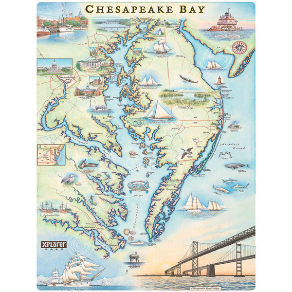 Chesapeake Bay hand-drawn map printed on wood. featuring illustrations of boat craft and marine life. Places on the map include Baltimore, Annapolis, Cambridge, Yorktown, and the Chesapeake Bay Bridge.