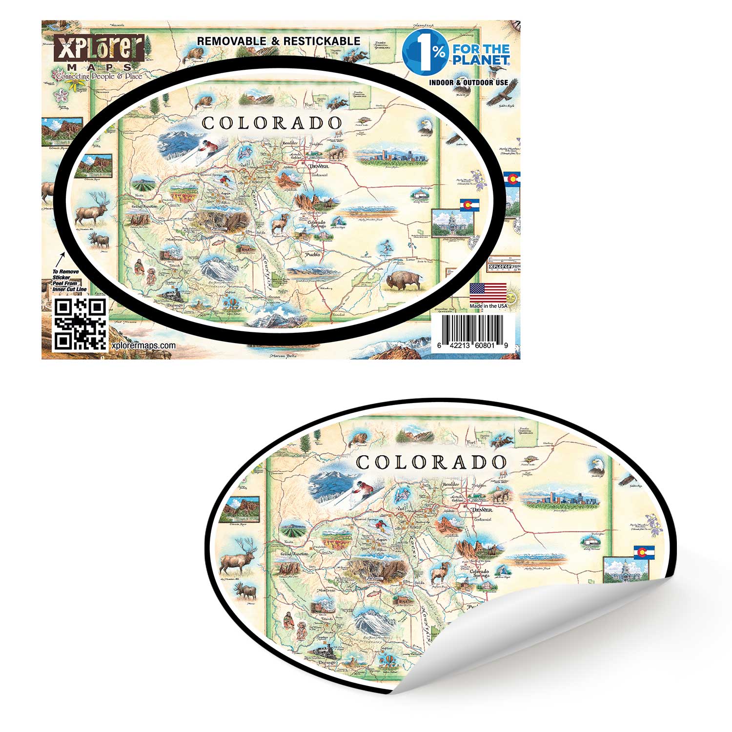 Colorado State Map Sticker by Xplorer Maps showcases various cities including Denver, Fort Collins, Colorado Springs, Aspen, and Durango. It also features local flora and fauna, such as moose, Rocky Mountain elk, turtles, eagles, and Bighorn Sheep, as well as the indigenous Navajo and Hopi peoples. The map highlights popular activities like hiking, biking, rafting, and skiing. 