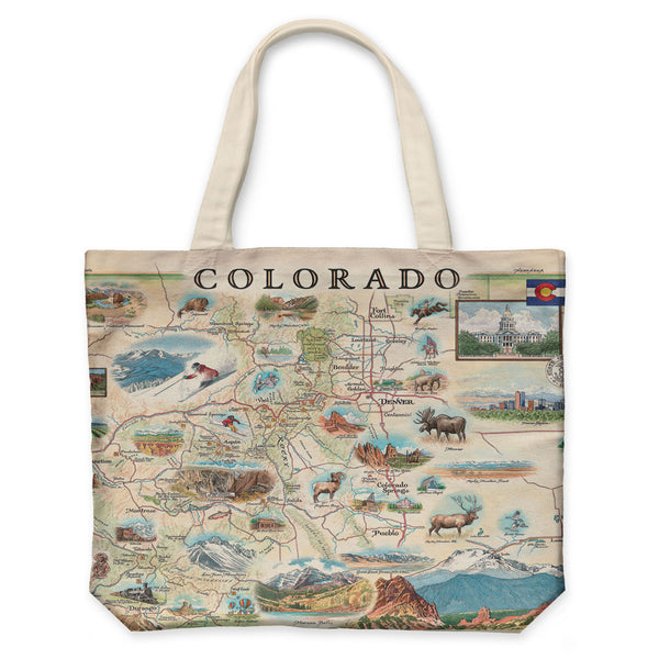 Colorado Map Canvas Tote Bags in earthy tones of greens and blues. It showcases various cities including Denver, Fort Collins, Colorado Springs, Aspen, and Durango. It also features local flora and fauna, such as moose, Rocky Mountain elk, turtles, eagles, and Bighorn Sheep, as well as the indigenous Navajo and Hopi peoples. The map highlights popular activities like hiking, biking, rafting, and skiing.