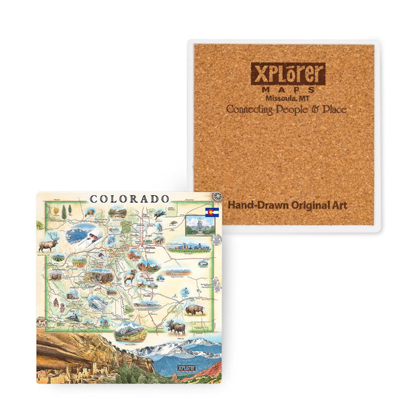  4" x 4" Colorado Map Ceramic Coasters by Xplorer Maps that showcases various cities including Denver, Fort Collins, Colorado Springs, Aspen, and Durango. It also features local flora and fauna, such as moose, Rocky Mountain elk, turtles, eagles, and Bighorn Sheep, as well as the indigenous Navajo and Hopi peoples. The map highlights popular activities like hiking, biking, rafting, and skiing. 