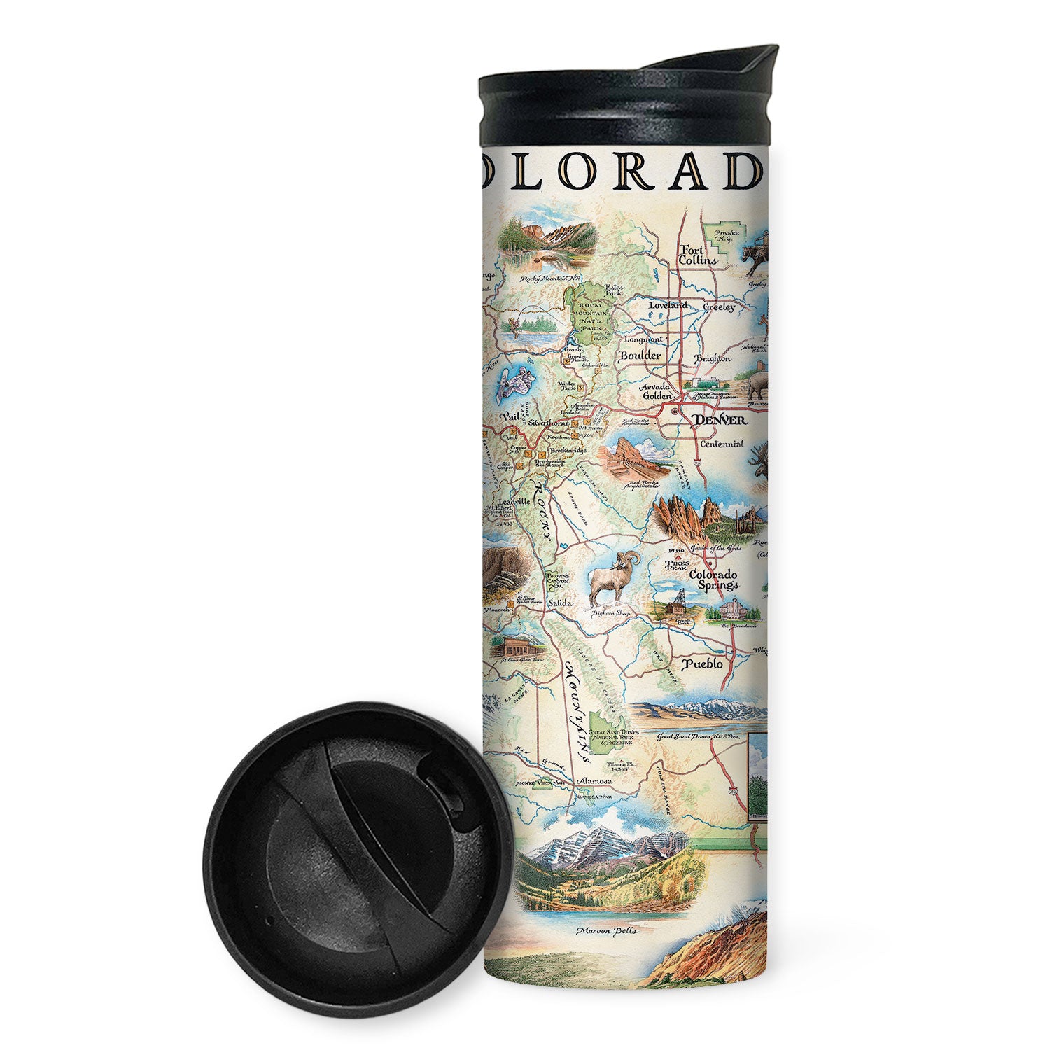 Colorado Map travel drinkware by Xplorer Maps that showcases various cities including Denver, Fort Collins, Colorado Springs, Aspen, and Durango. It also features local flora and fauna, such as moose, Rocky Mountain elk, turtles, eagles, and Bighorn Sheep, as well as the indigenous Navajo and Hopi peoples. The map highlights popular activities like hiking, biking, rafting, and skiing. 