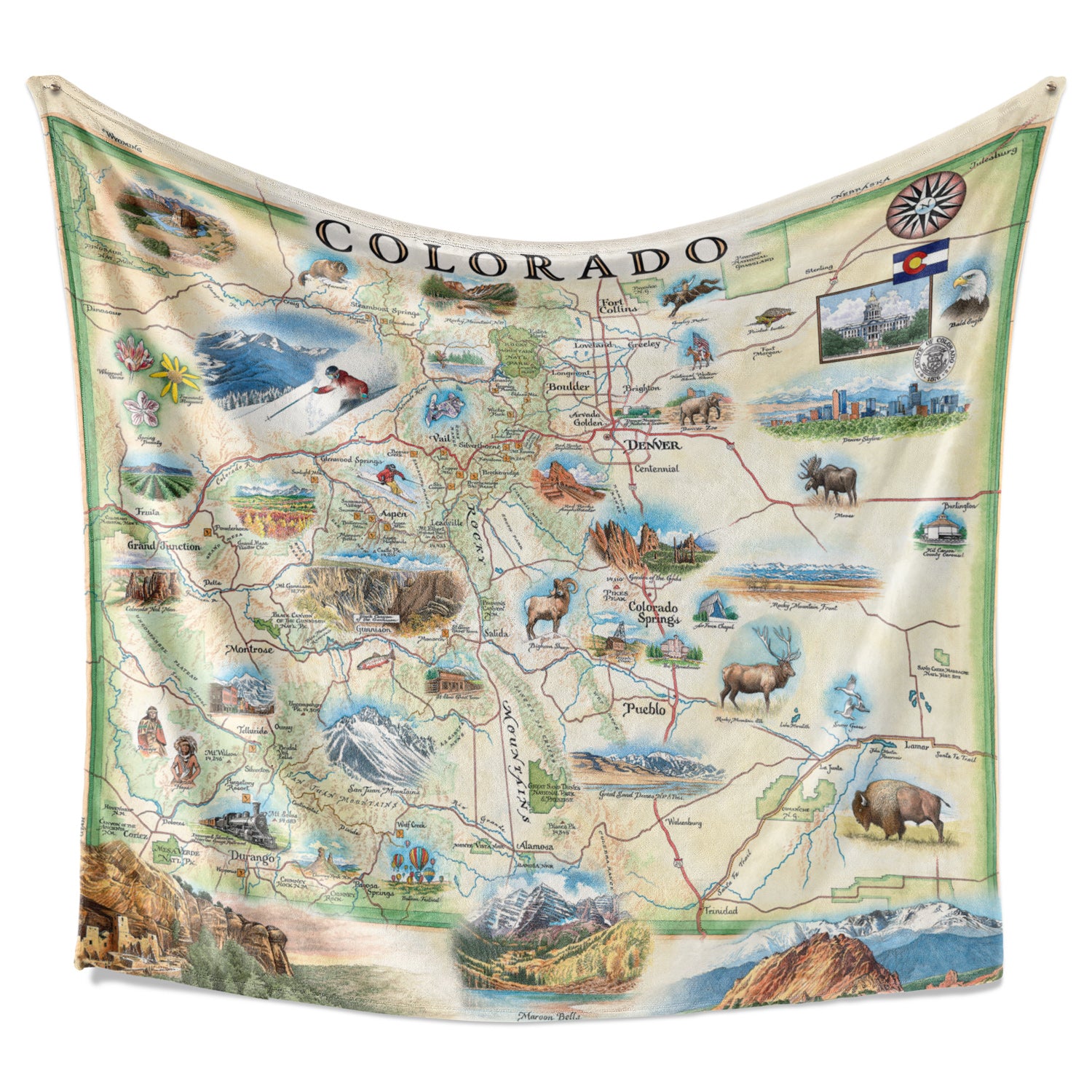 Hanging Colorado map. Stunning hand-drawn artwork of Colorado on blanket. Measures 58