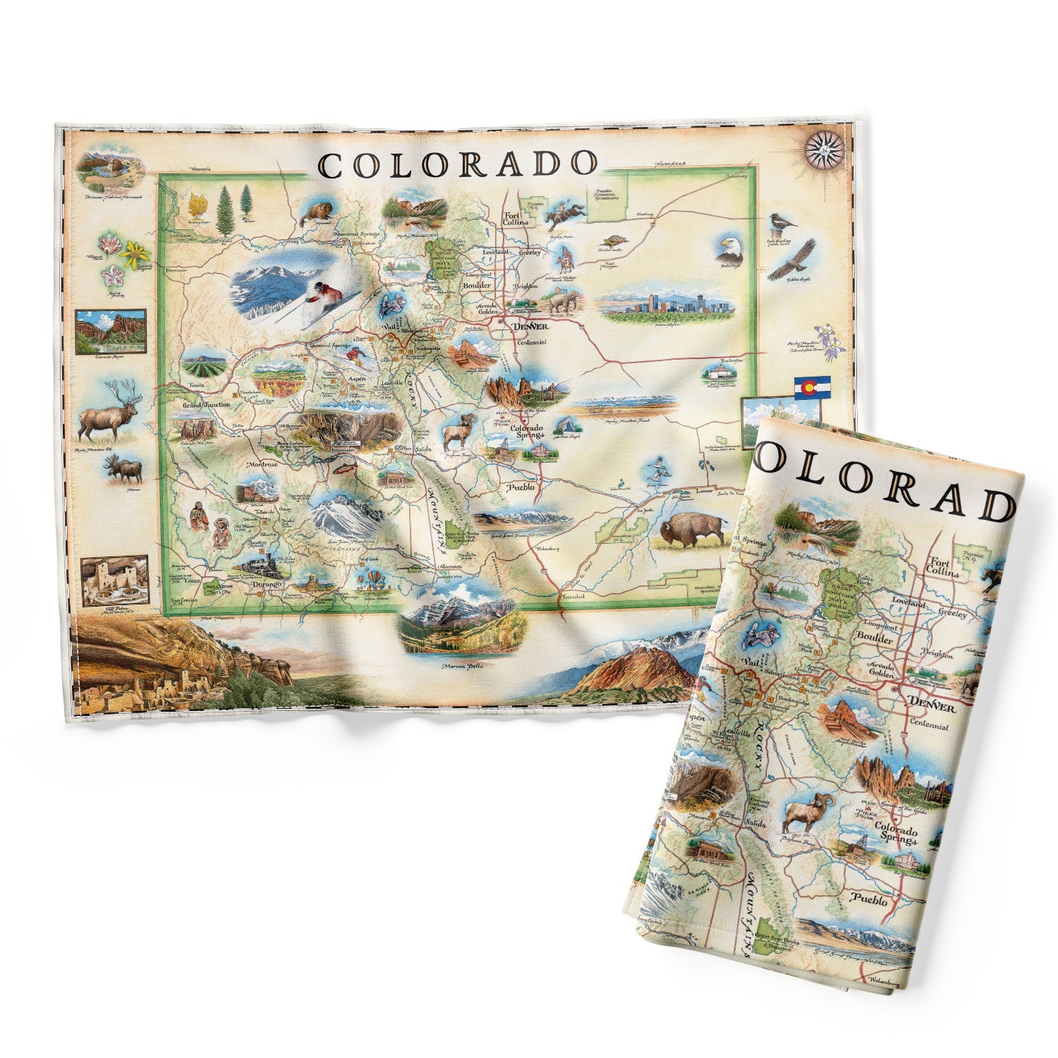 Colorado state map kitchen dishwashing towel in earth tones, blue and green. Featuring illustrations of cities like Denver, Fort Collins, Loveland, Colorado Springs, Aspen, and Durango. The map also features flora and fauna such as elk, moose, and marmot. It also depicts the indigenous peoples of the area, Navajo and Hopi. Other illustrations include Maroon Bells, the Black Canyon of the Gunnison, and the Denver skyline.