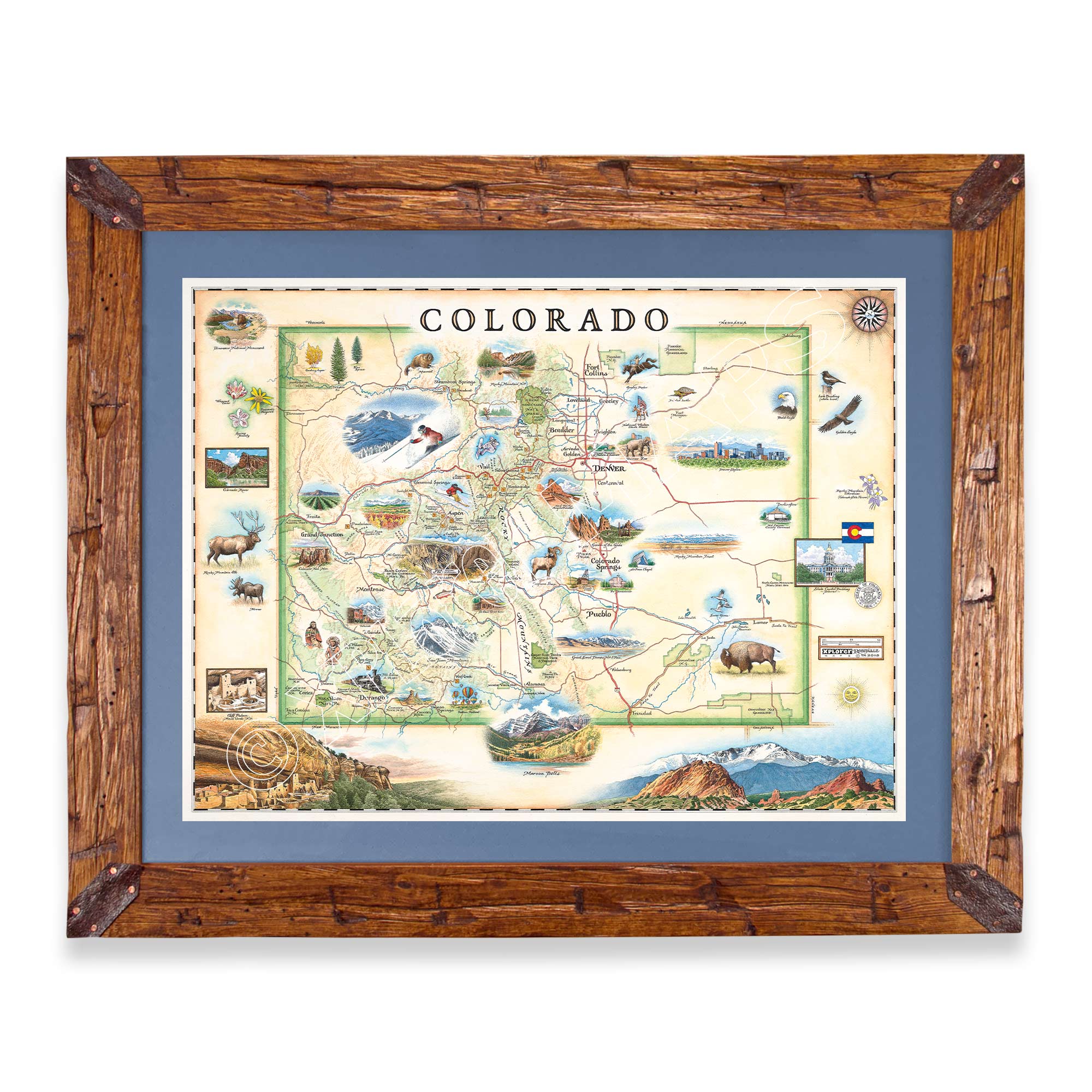 Colorado State hand-drawn map in a Montana hand-scraped pine wood frame with blue mat.