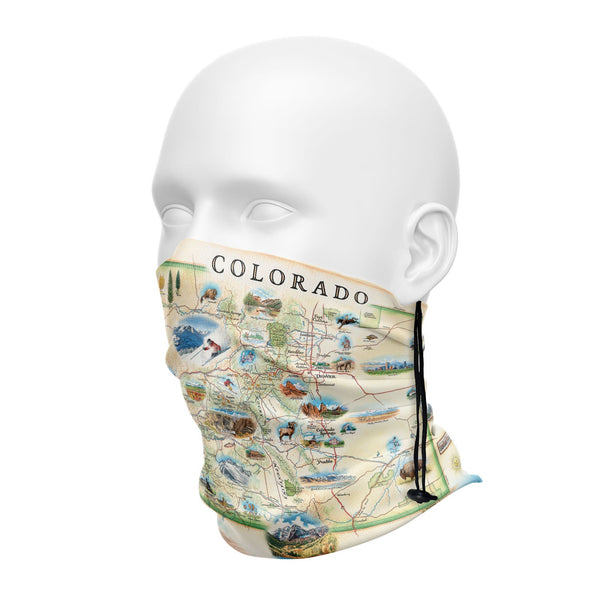 Colorado State Map fishing neck gaiter showcases various cities including Denver, Fort Collins, Colorado Springs, Aspen, and Durango. It also features local flora and fauna, such as moose, Rocky Mountain elk, turtles, eagles, and Bighorn Sheep, as well as the indigenous Navajo and Hopi peoples. The map highlights popular activities like hiking, biking, rafting, and skiing.