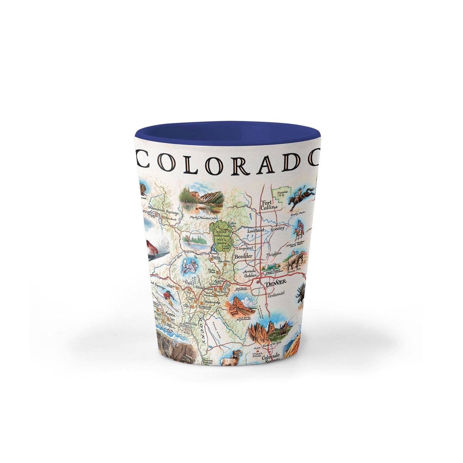 Colorado Map Ceramic shot glass showcases various cities including Denver, Fort Collins, Colorado Springs, Aspen, and Durango. It also features local flora and fauna, such as moose, Rocky Mountain elk, turtles, eagles, and Bighorn Sheep, as well as the indigenous Navajo and Hopi peoples. The map highlights popular activities like hiking, biking, rafting, and skiing. 