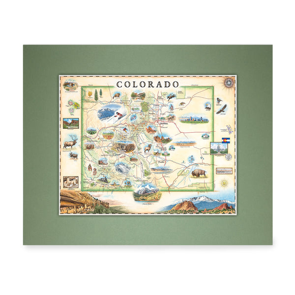 Hand-drawn mini-map of Colorado in earthy beige and green tones. It showcases various cities including Denver, Fort Collins, Colorado Springs, Aspen, and Durango. It also features local flora and fauna, such as moose, Rocky Mountain elk, turtles, eagles, and Bighorn Sheep, as well as the indigenous Navajo and Hopi peoples. The map highlights popular activities like hiking, biking, rafting, and skiing. Measuring 14"x 11".