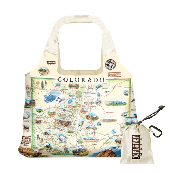 Colorado State Map stuffable pouch tote bag in earth tones showcases a map of Colorado State, featuring cities like Denver, Fort Collins, Colorado Springs, Aspen, and Durango. The design also includes local flora and fauna, such as moose, Rocky Mountain elk, turtles, eagles, and Bighorn Sheep, as well as the Navajo and Hopi peoples. The map highlights popular activities like hiking, biking, rafting, and skiing.