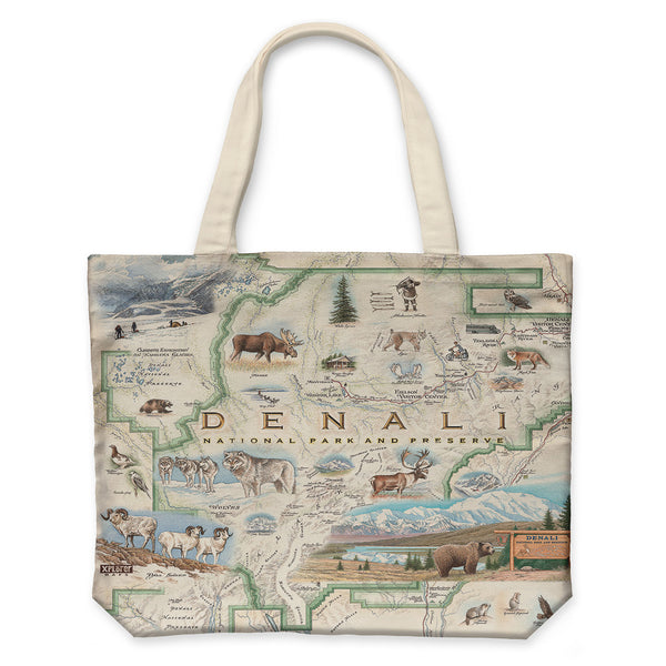 Denali National Park Map Canvas Tote Bags by Xplorer Maps. Featuring illustrations of the major flora and fauna found in the park, such as grizzly bears, wolverines, moose, lynx, Dall sheep, and many more. Major attractions are illustrated on the map, like the Talkeetna Visitor Center, Denali Visitor Center, Ruth Glacier, and Kahiltna Glacier.
