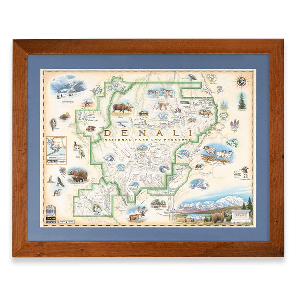 Denali National Park hand-drawn map in a Montana Flathead Lake reclaimed larch wood frame and blue mat. 