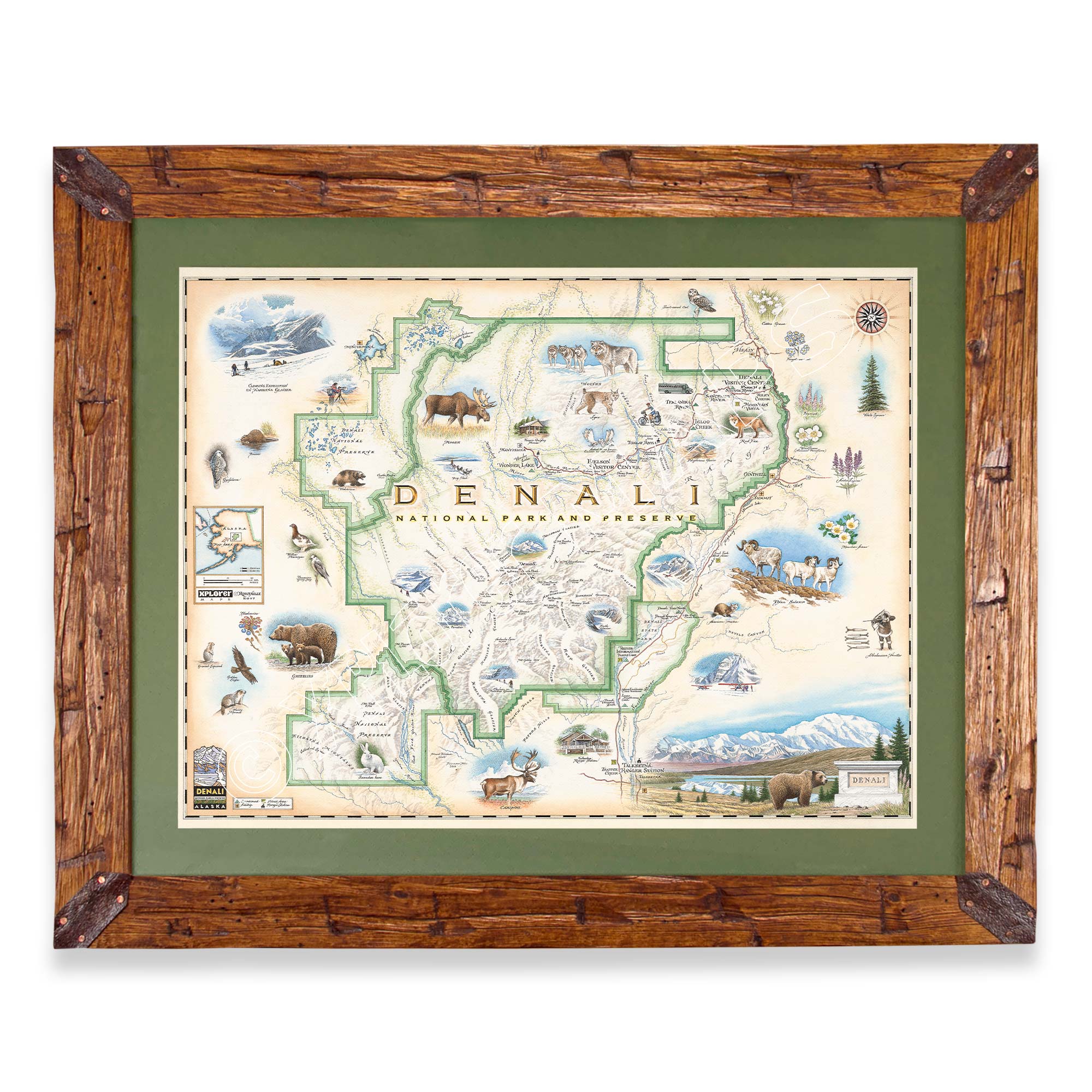 Denali National Park hand-drawn map in a Montana hand-scraped pine wood frame with green mat.