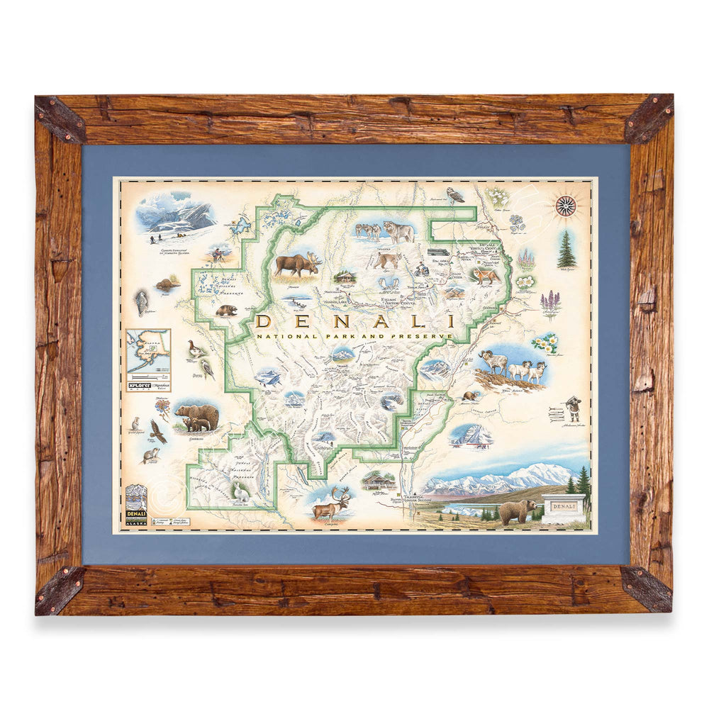 Denali National Park hand-drawn map in a Montana hand-scraped pine wood frame with blue mat.