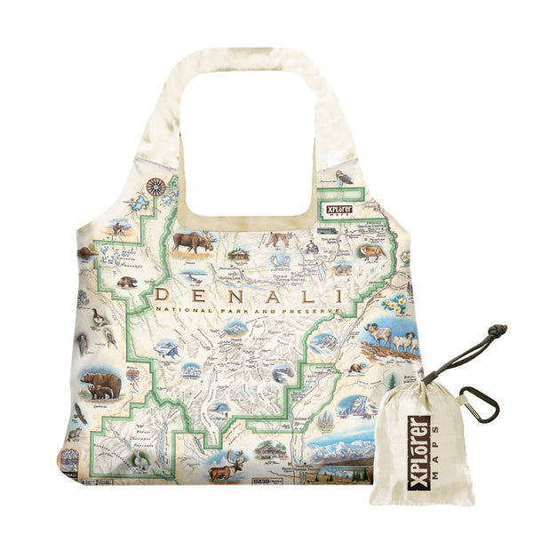 Denali National Park Map Pouch Tote Bags by Xplorer Maps. Featuring illustrations of the major flora and fauna found in the park, such as grizzly bears, wolverines, moose, lynx, Dall sheep, and many more. Major attractions are illustrated on the map, like the Talkeetna Visitor Center, Denali Visitor Center, Ruth Glacier, and Kahiltna Glacier.