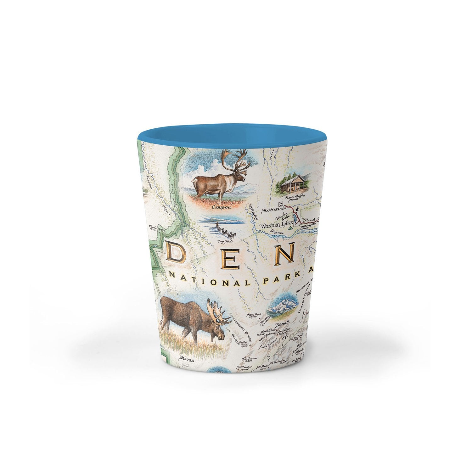 Denali National Park Map Ceramic shot glass by Xplorer Maps. Featuring illustrations of the major flora and fauna found in the park, such as grizzly bears, wolverines, moose, lynx, Dall sheep, and many more. Major attractions are illustrated on the map, like the Talkeetna Visitor Center, Denali Visitor Center, Ruth Glacier, and Kahiltna Glacier.