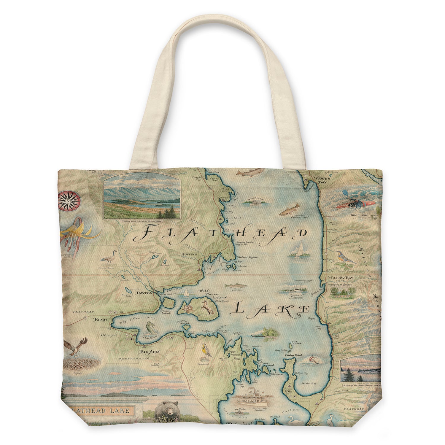 Flathead Lake Montana Map Canvas Tote Bags by Xplorer Maps. Features Golfing, Steamboat, Rafting, birds, eagles, Osprey, Bears, forest, water, deer, mountain lion, fish, Cherry Blossoms, and flowers like Glacier Lilies and Lady Slippers. Cities and landmarks are noted such as Woods Bay, Wild Horse Island, Finley Point, and Big Arm. 