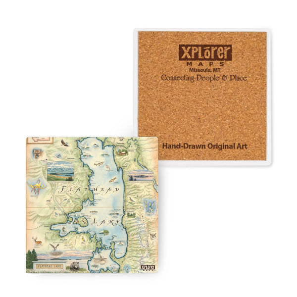 4" x 4" Montana's Flathead Lake Map Ceramic Coasters by Xplorer Maps. Features Golfing, Steamboat, Rafting, birds, eagles, Osprey, Bears, forest, water, deer, mountain lion, fish, Cherry Blossoms, and flowers like Glacier Lilies and Lady Slippers. Cities and landmarks are noted such as Woods Bay, Wild Horse Island, Finley Point, and Big Arm. 
