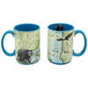 Two Flathead Lake ceramic coffee mug featuring bald eagle, black bear and cubs, birds, and flowers. Blue - 16 oz