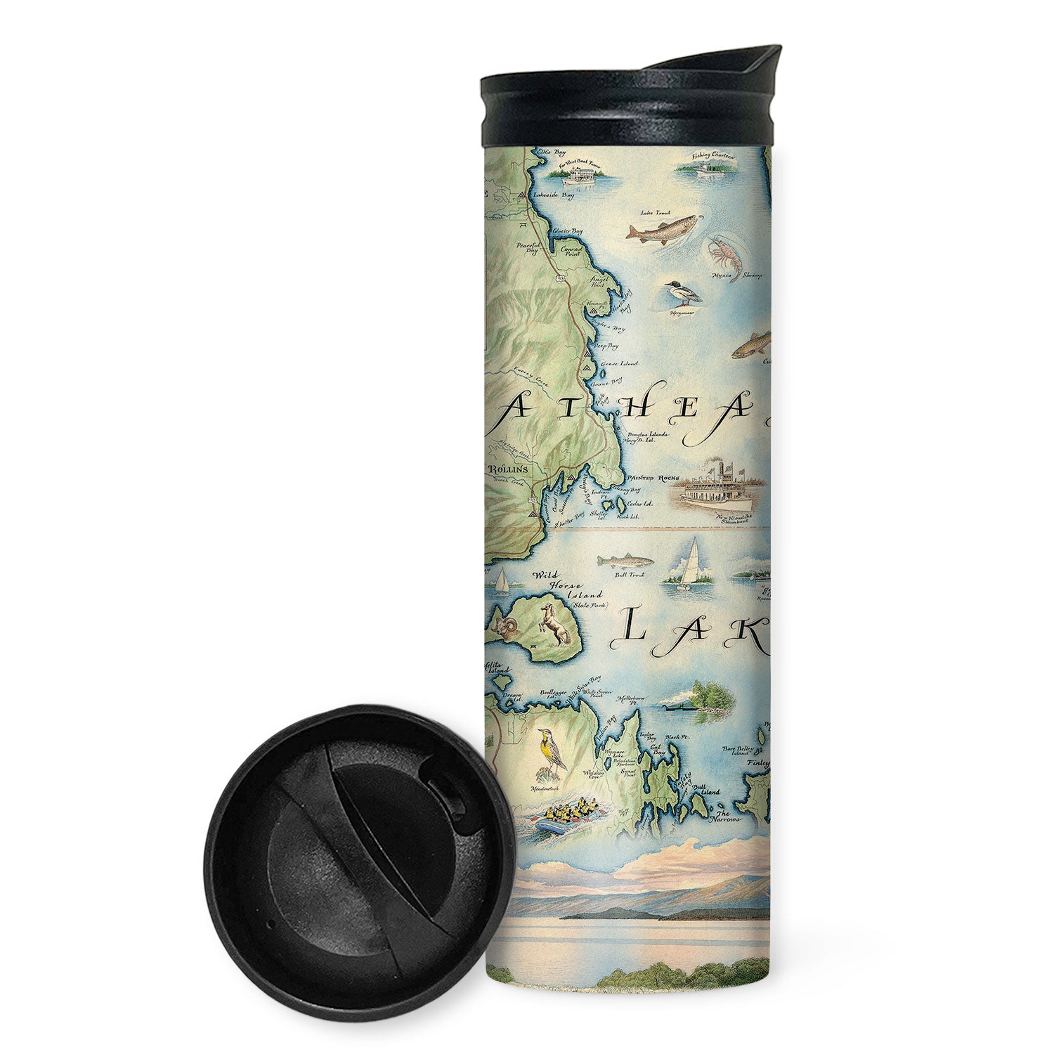 Northwest Montana's  Flathead Lake 16 oz travel Drinkware in green and blue colors.  The bottle is sitting on a rocky beach on Flathead Lake. The map features Golfing, Steamboat, Rafting, birds, eagles, Osprey, Bears, forest, water, deer, mountain lion, fish, Cherry Blossoms, and flowers like Glacier Lilies and Lady Slippers. Cities and landmarks are noted such as Woods Bay, Wild Horse Island, Finley Point, and Big Arm. 