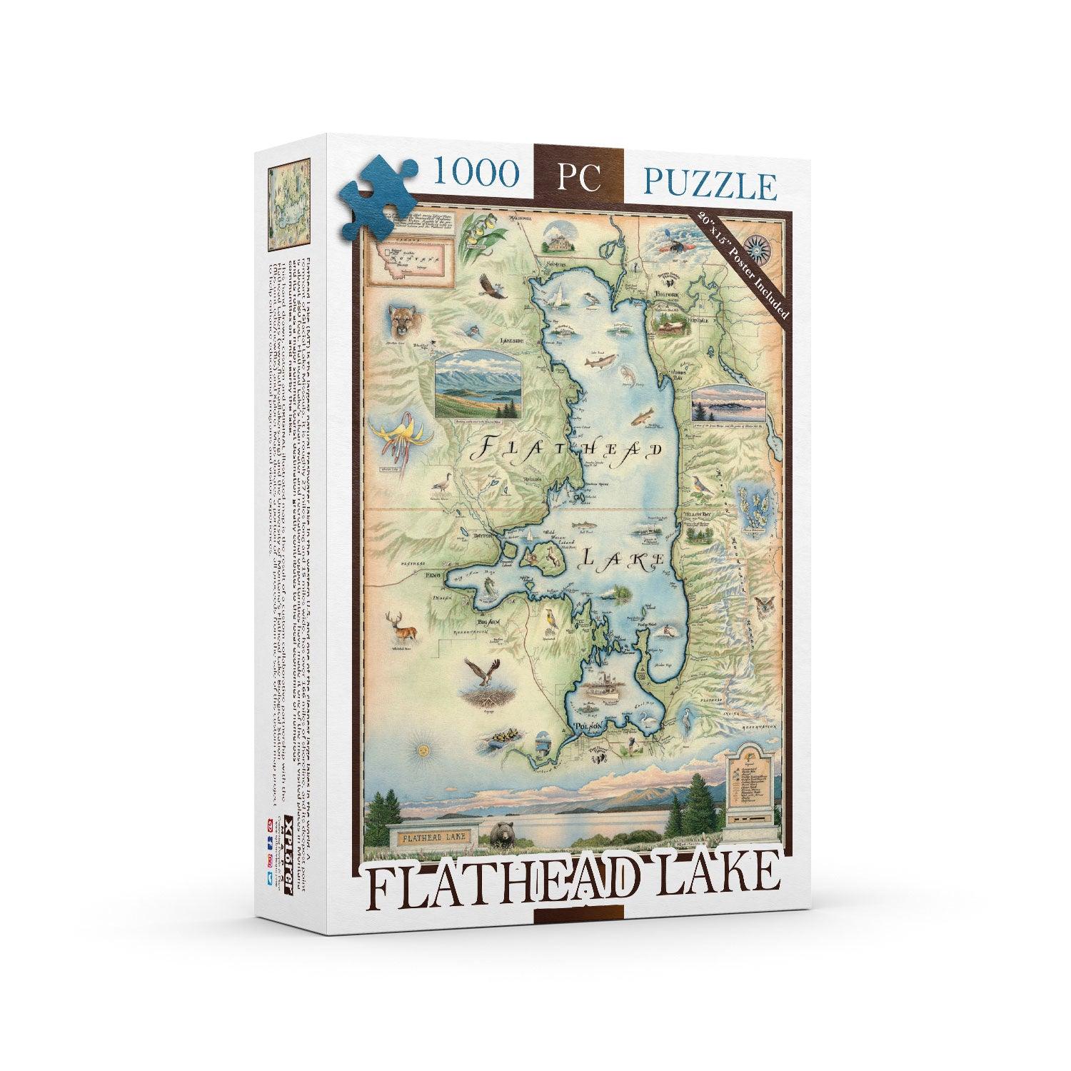 Montana's Flathead Lake map 1000-piece jigsaw puzzle. This Map features birds, eagles, Osprey, Bears, forest, water, deer, mountain lion, fish, and flowers.