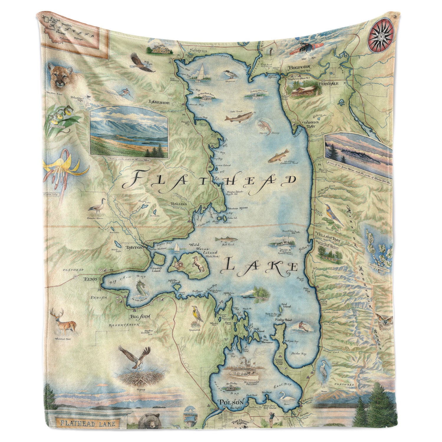 Hanging blanket with a map of Flathead Lake in Montana on it. The blanket measures 58