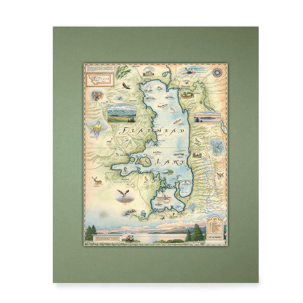 Green Pre-Matted Montana's Flathead Lake Mini-Map in blue, green, and beige. It Features Golfing, Steamboat, Rafting, birds, eagles, Osprey, Bears, forest, water, deer, mountain lion, fish, Cherry Blossoms, and flowers like Glacier Lilies and Lady Slippers. Cities and landmarks are noted such as Woods Bay, Wild Horse Island, Finley Point, and Big Arm. 
