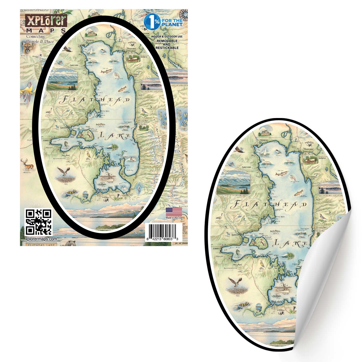 Montana's Flathead Lake Map Sticker by Xplorer Maps. Features Golfing, Steamboat, Rafting, birds, eagles, Osprey, Bears, forest, water, deer, mountain lion, fish, Cherry Blossoms, and flowers like Glacier Lilies and Lady Slippers. Cities and landmarks such as Woods Bay, Wild Horse Island, Finley Point, and Big Arm are noted. 