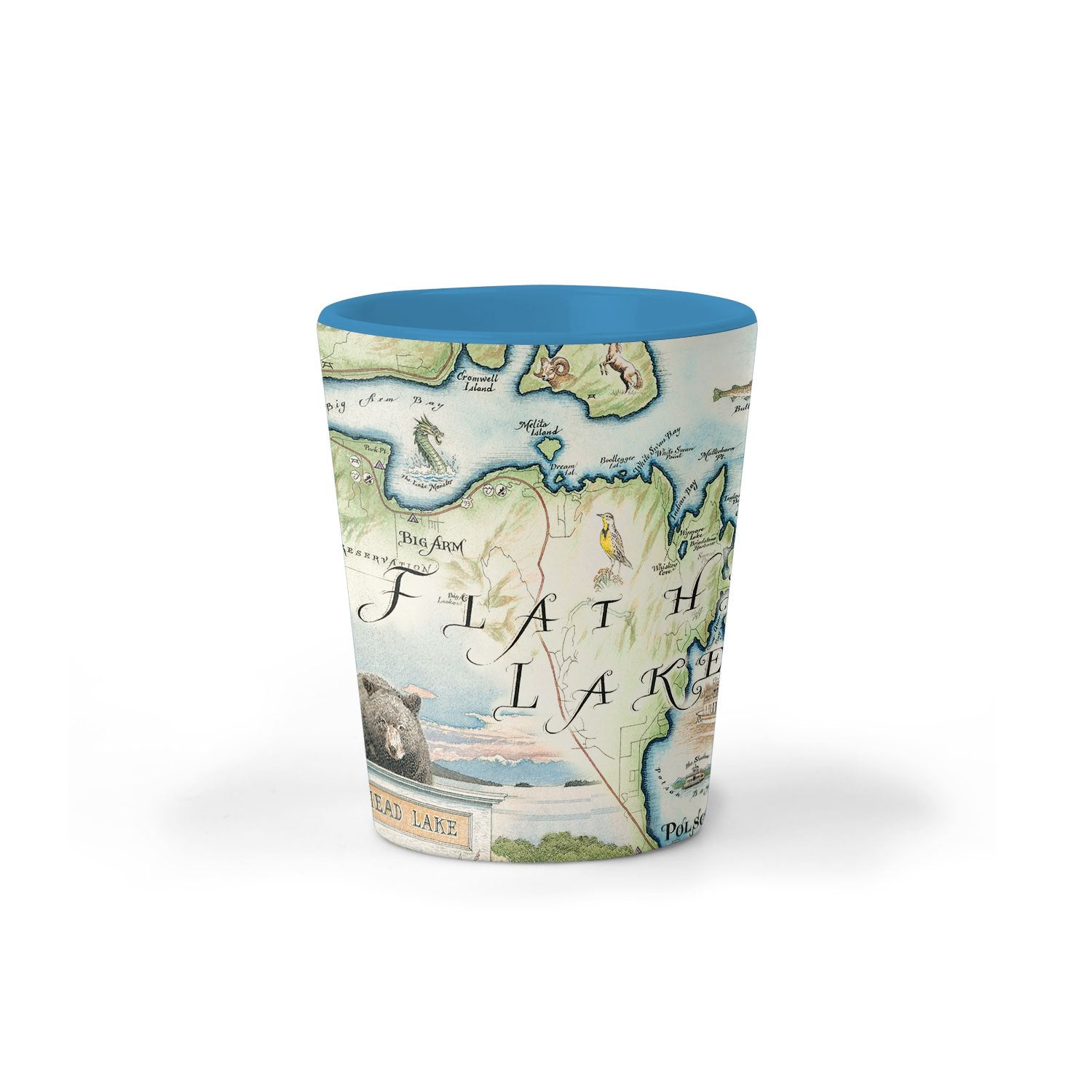 Montana's Flathead Lake Map Ceramic shot glass by Xplorer Maps. Features Golfing, Steamboat, Rafting, birds, eagles, Osprey, Bears, forest, water, deer, mountain lion, fish, Cherry Blossoms, and flowers like Glacier Lilies and Lady Slippers. Cities and landmarks are noted such as Woods Bay, Wild Horse Island, Finley Point, and Big Arm. 
