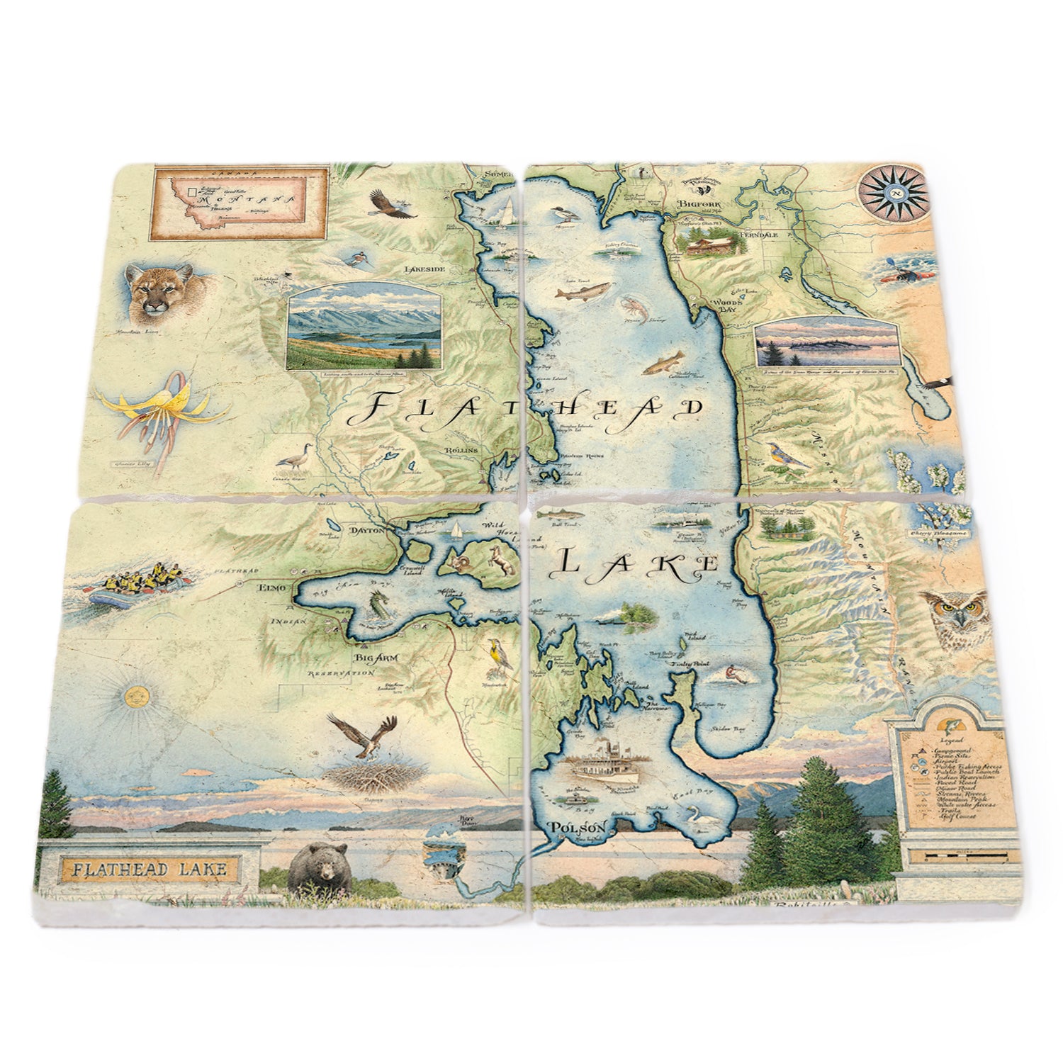 Montana's Flathead Lake Natural Stone Coaster Set of 4 by Xplorer Maps. Features Golfing, Steamboat, Rafting, birds, eagles, Osprey, Bears, forest, water, deer, mountain lion, fish, Cherry Blossoms, and flowers like Glacier Lilies and Lady Slippers. Cities and landmarks are noted such as Woods Bay, Wild Horse Island, Finley Point, and Big Arm. 