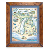 Michigan State framed hand-drawn map. The print is framed in  Montana's Flathead Lake Larch with a blue mat. 