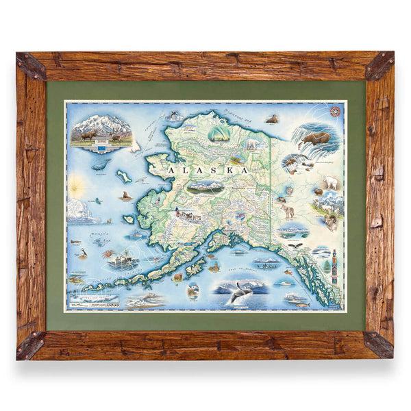 Alaska State hand-drawn map in a Montana hand-scraped pine wood frame with green mat.