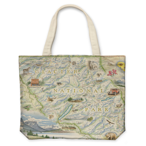 Glacier National Park Map Tote Bags by Xplorer Maps. Features places in the park such as Logan Pass, Lake McDonald Lodge, Many Glacier Lodge, Two Medicine, Glacier Park Lodge, and the Going-to-the-sun Road. Flora and fauna include grizzly bears, elk, moose, mountain goats, and mountain lions.