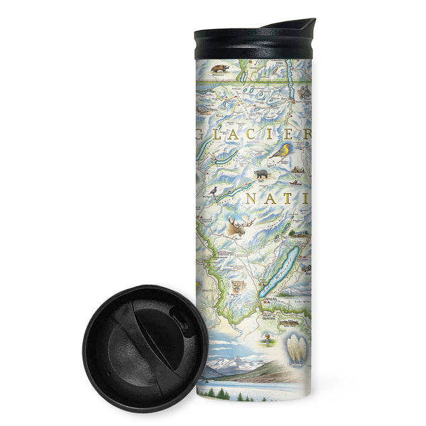 Glacier National Park Map travel drinkware by Xplorer Maps. Features places in the park such as Logan Pass, Lake McDonald Lodge, Many Glacier Lodge, Two Medicine, Glacier Park Lodge, and the Going-to-the-sun Road. Flora and fauna include grizzly bears, elk, moose, mountain goats, and mountain lions.