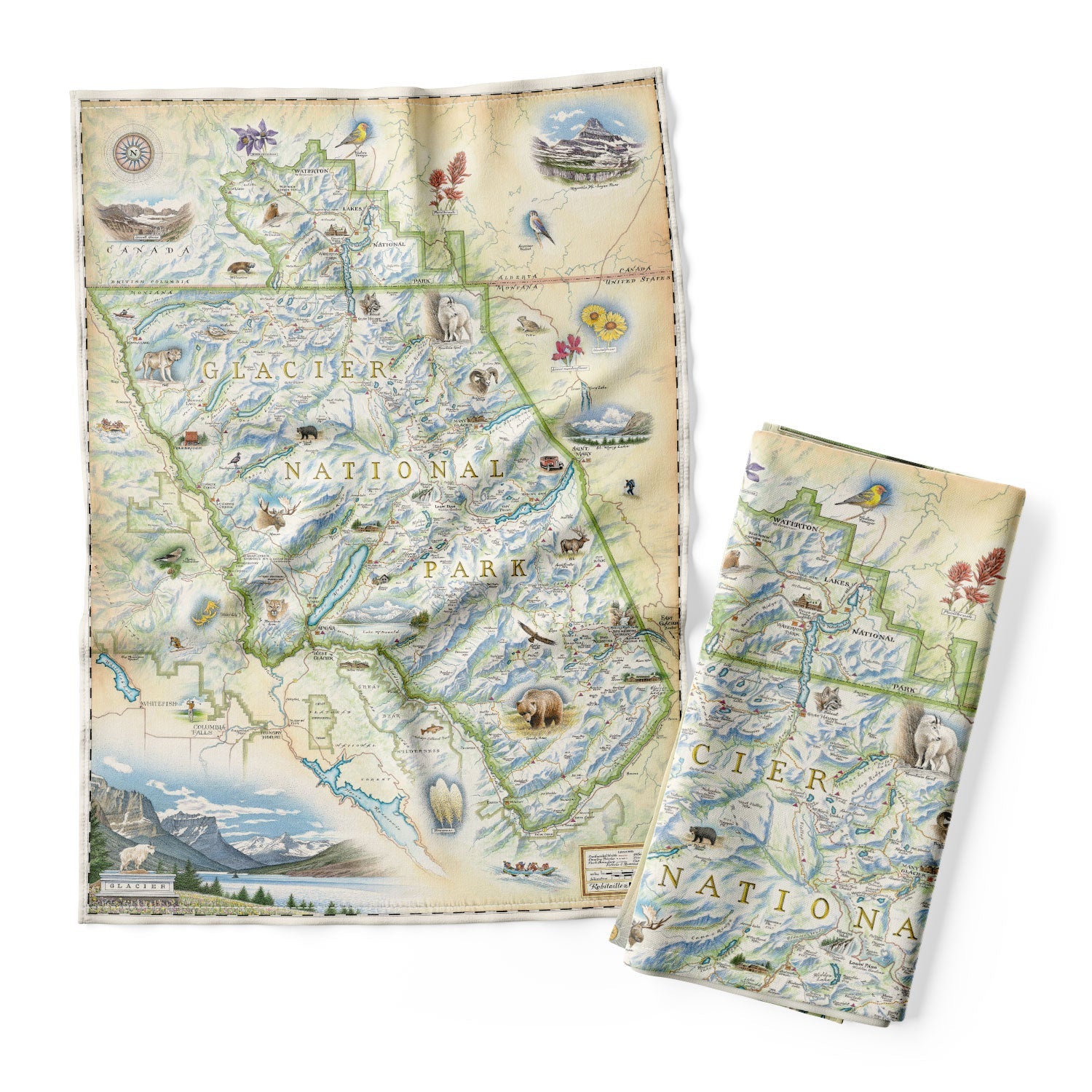 Glacier Kitchen Dishwashing Towel in earth tones of beige and blue. The map features places in the park such as Logan Pass, Lake McDonald Lodge, Many Glacier Lodge, Two Medicine, Glacier Park Lodge, and the Going-to-the-sun road. Flora and fauna include grizzly bear, elk, moose, mountain goat, and mountain lion. 